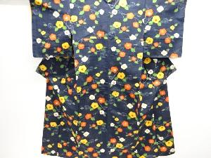 椿模様織出し手織り紬着物